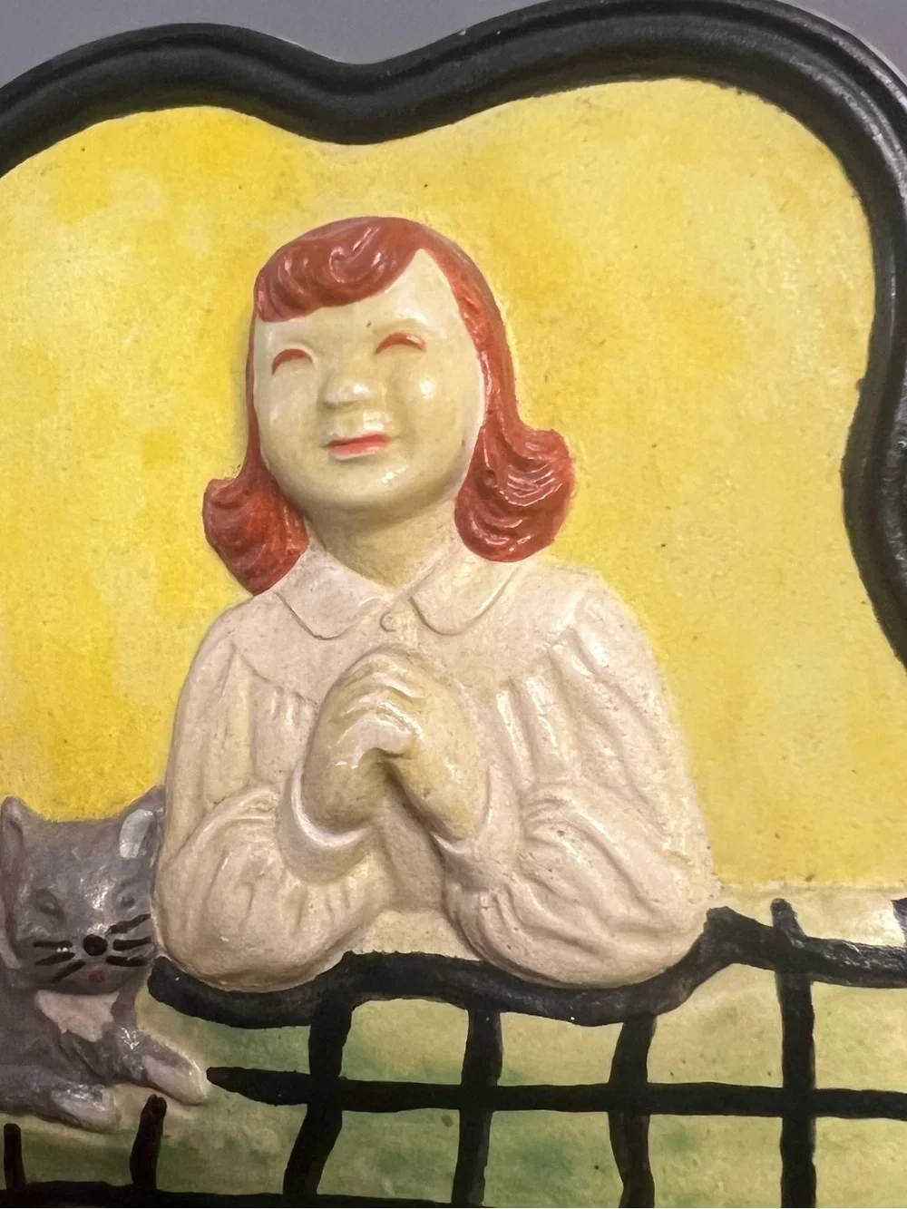 VTG Chalkware Wall Decor Red Head Let & Gray Cat “Thank You Heavenly Father”